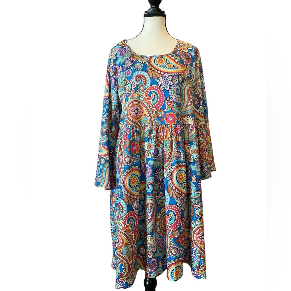 Multicolor Paisley Dress size 2XL Babydoll Boho Rock n Roll 70s Retro EUC